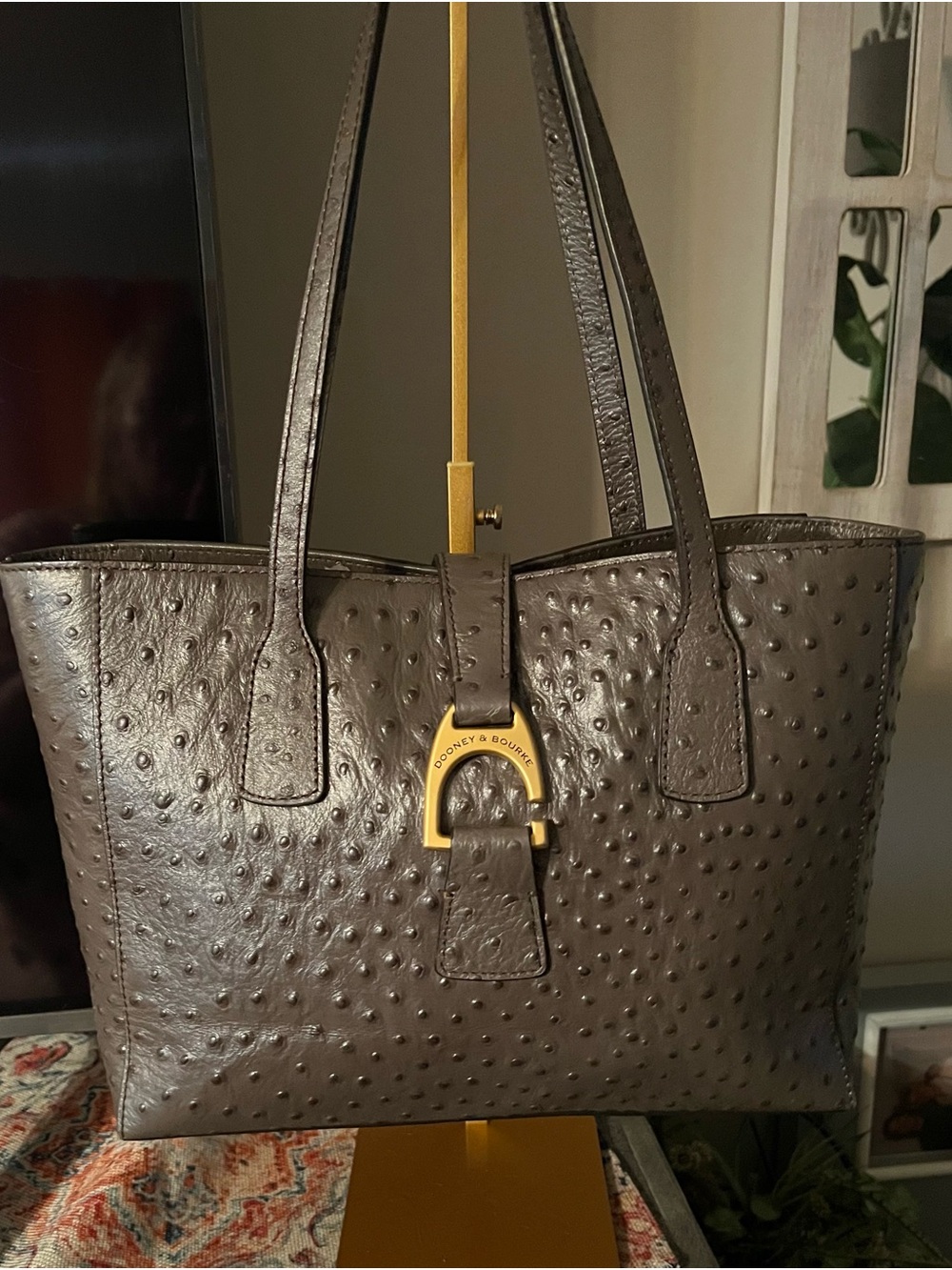 Dooney & Bourke Dark Brown Ostrich-Embossed Leather Tote with Gold Accent